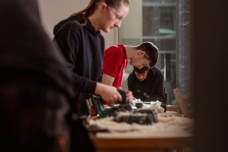 Students working on a carpentry project